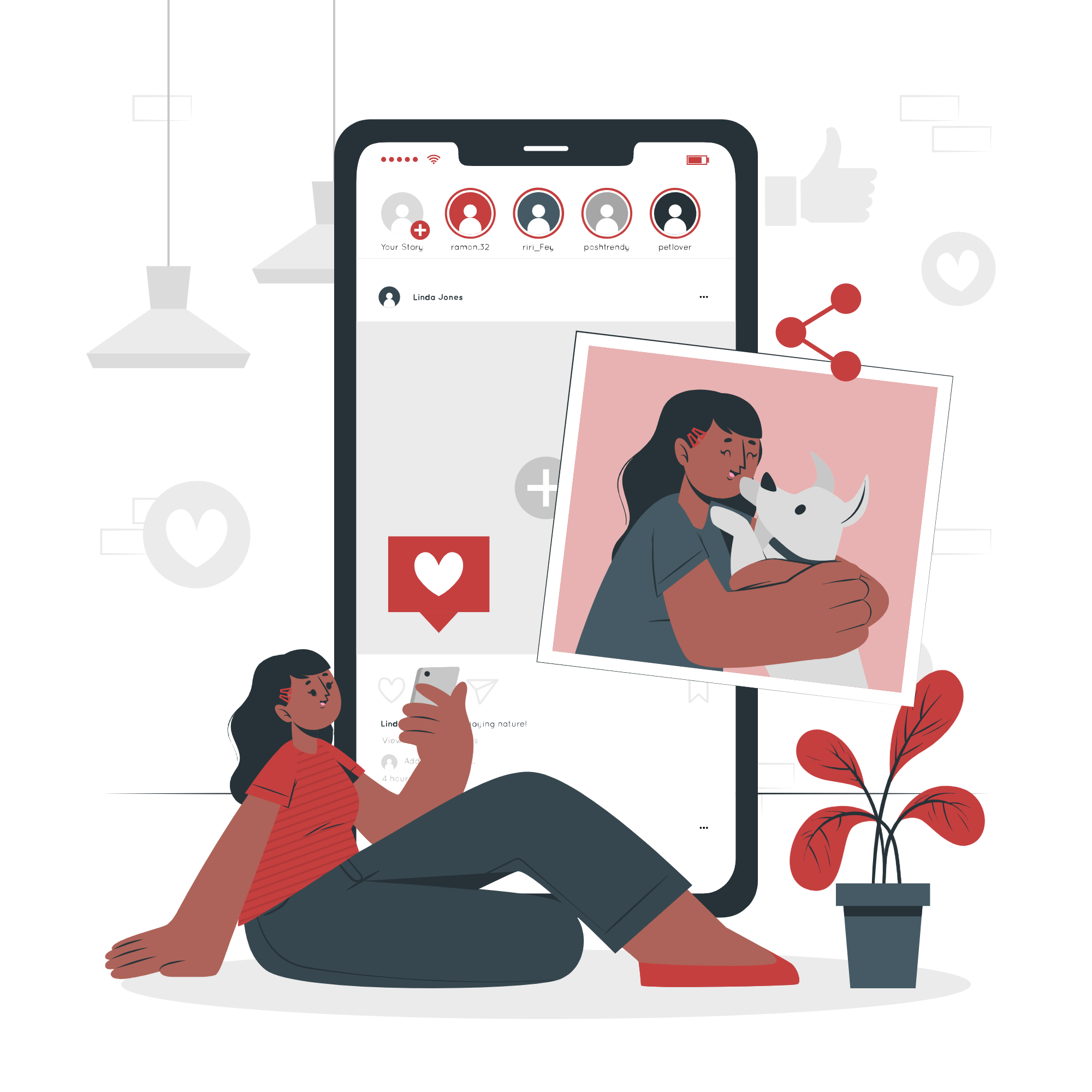 Mulher curtindo fotos de pessoas com animais nas redes sociais