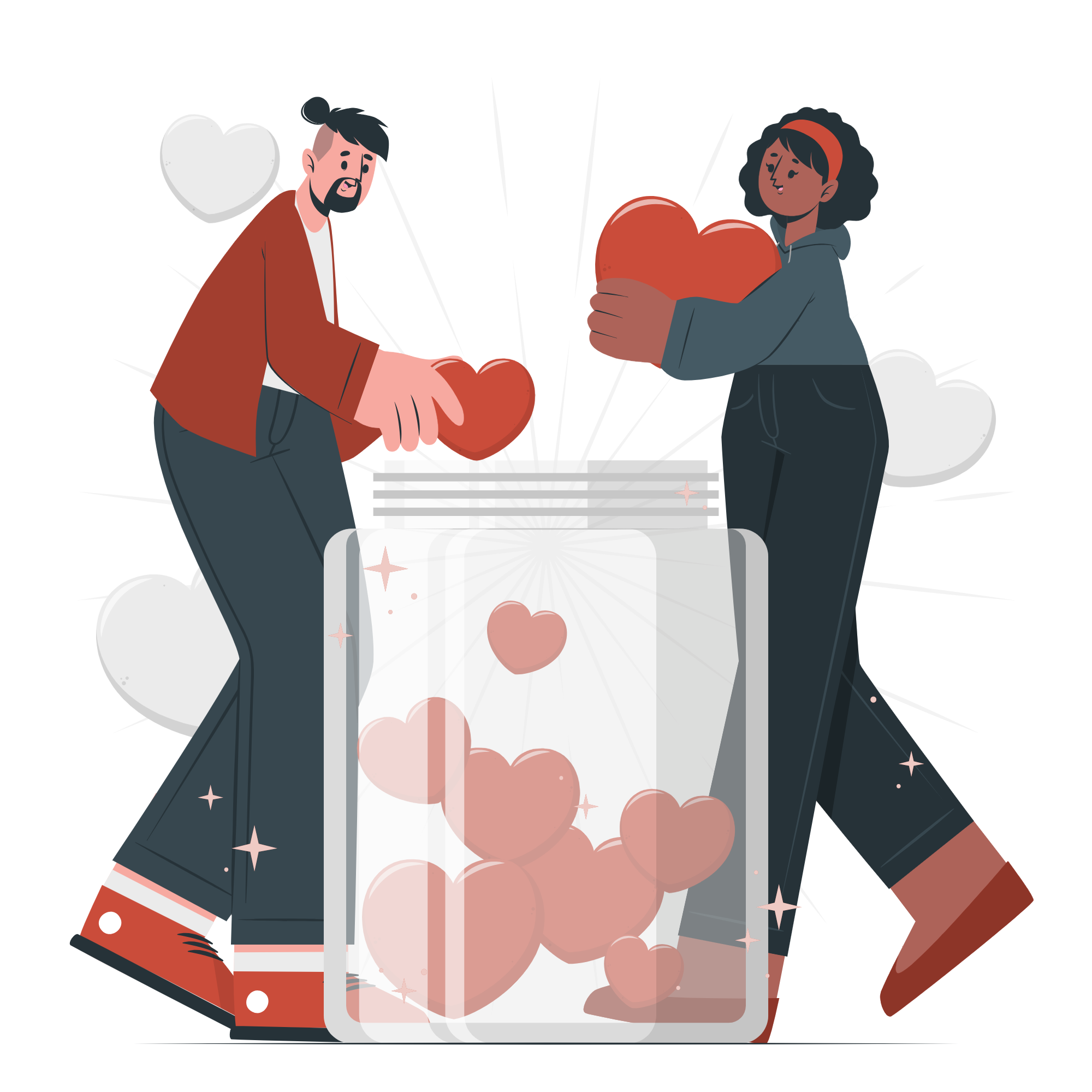 Pessoas colocando corações em uma jarra